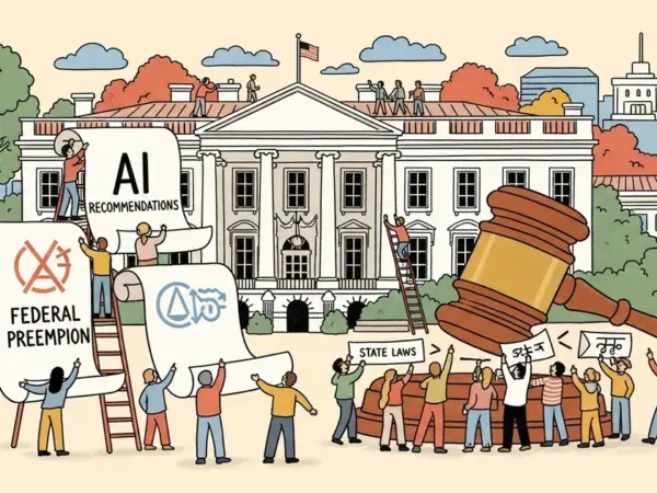 Editorial illustration for: White House AI Recommendations Back Federal Preemption of State Laws