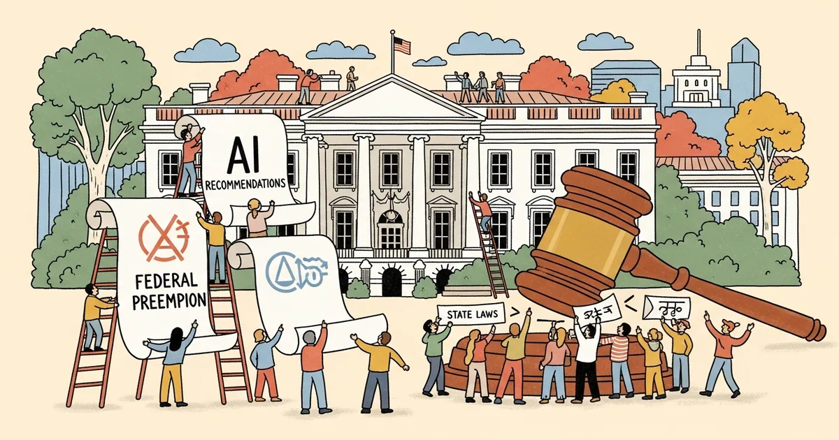 Editorial illustration for: White House AI Recommendations Back Federal Preemption of State Laws