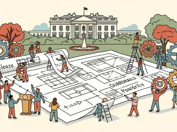 Editorial illustration for: White House Releases National Policy Framework for AI, Setting Federal Guardrails