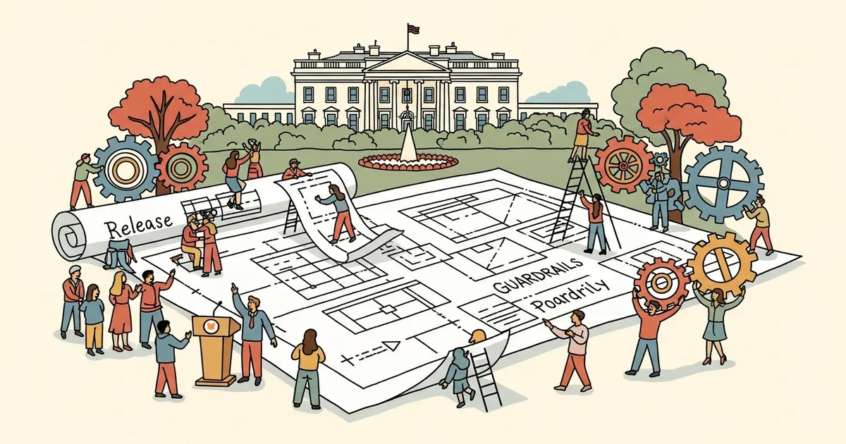 Editorial illustration for: White House Releases National Policy Framework for AI, Setting Federal Guardrails