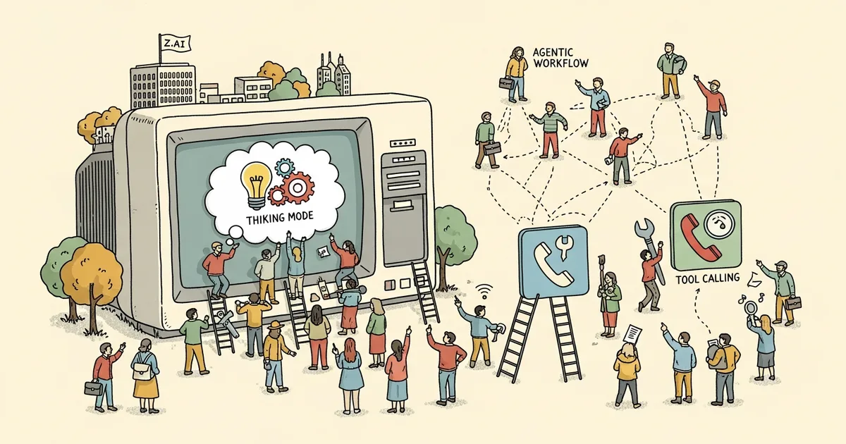 Editorial illustration for: Z.AI Releases GLM-5 Model with Thinking Mode, Tool Calling, and Agentic Workflow Support