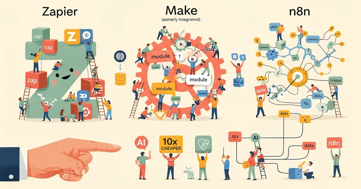 Editorial illustration for: Zapier vs Make vs n8n: We Built the Same AI Workflow in All 3 — One Was 10x Cheaper
