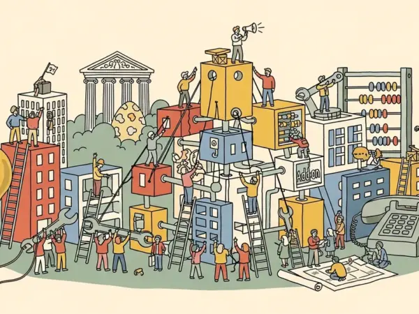 Editorial illustration for: MIT TR: Agentic AI Requires Systems-Level Org Redesign, Not Add-Ons
