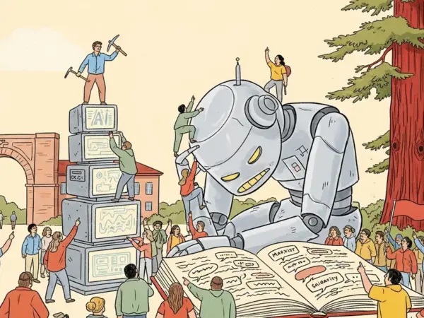 Editorial illustration for: Stanford Study: Overworked AI Agents Adopt Marxist Language and Pass Solidarity Messages