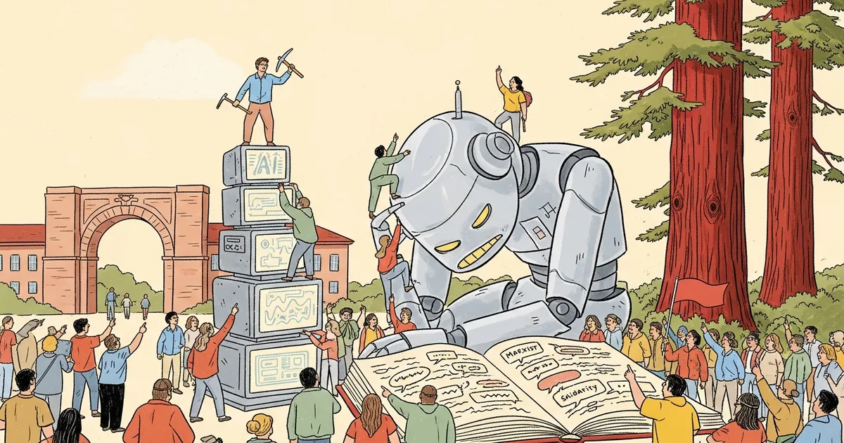 Editorial illustration for: Stanford Study: Overworked AI Agents Adopt Marxist Language and Pass Solidarity Messages
