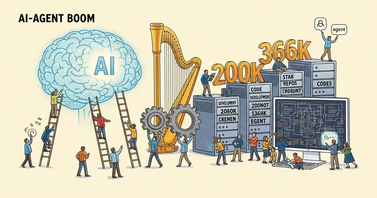 Editorial illustration for: Inside the AI-Agent Boom: From Claude Code Anonymous to 366K-Star Repos