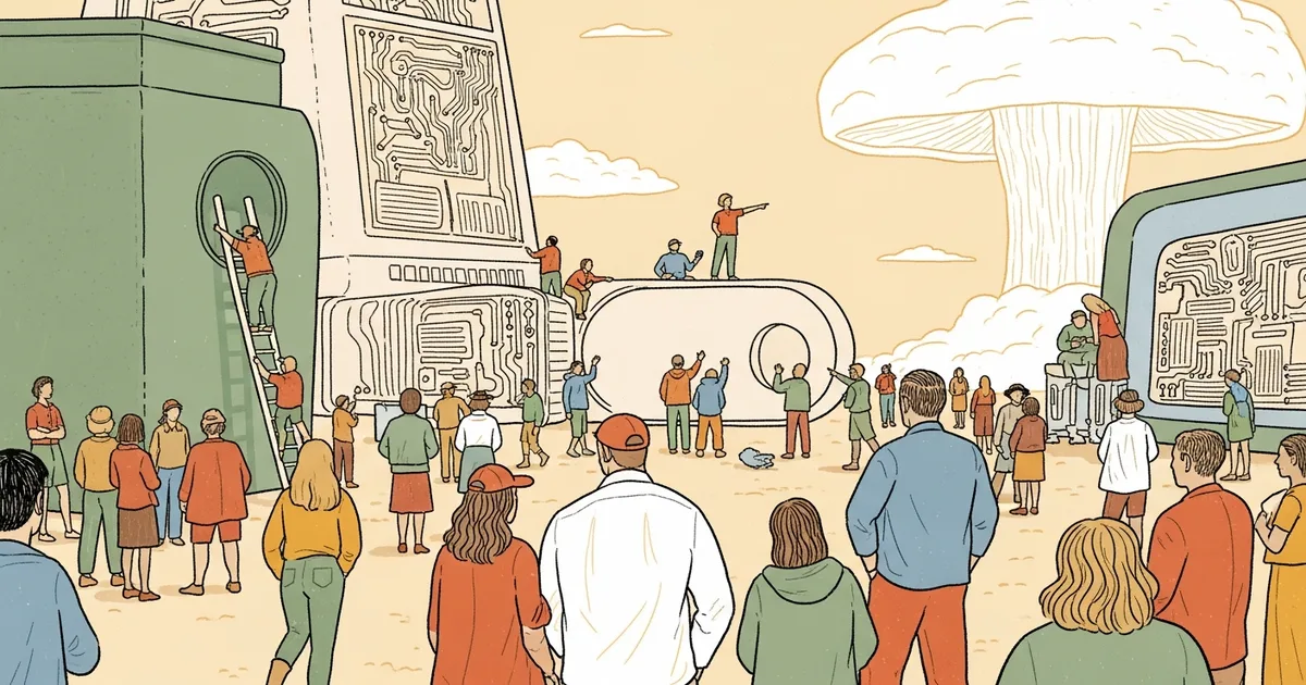 Editorial illustration for: Bloomberg Profile Frames Frontier AI Leadership as the 'Oppenheimer Moment'