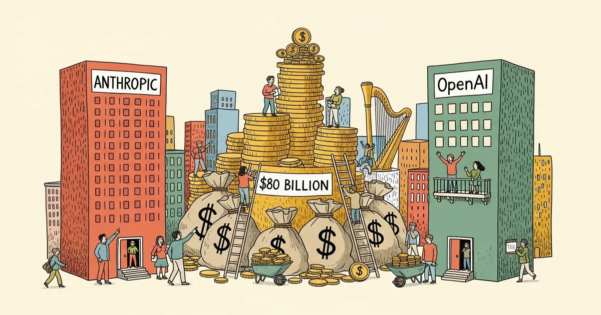Editorial illustration for: AI Startup Revenue Hits $80 Billion — Anthropic and OpenAI Capture 89%