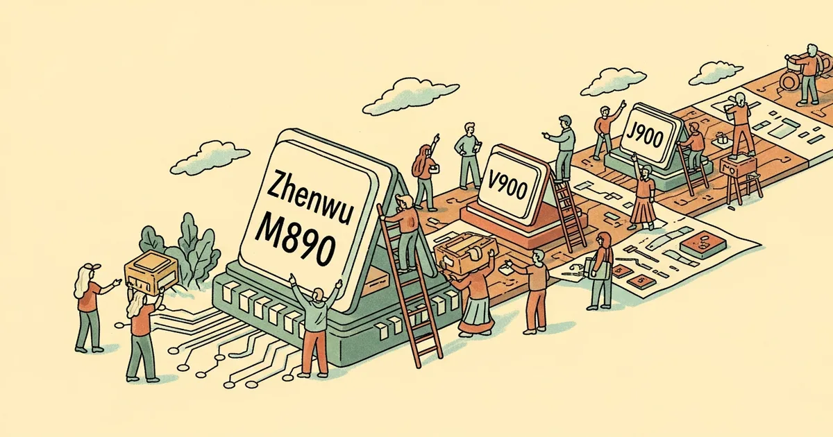 Editorial illustration for: Alibaba Unveils Zhenwu M890 AI Agent Chip and Multi-Year Roadmap to V900 and J900