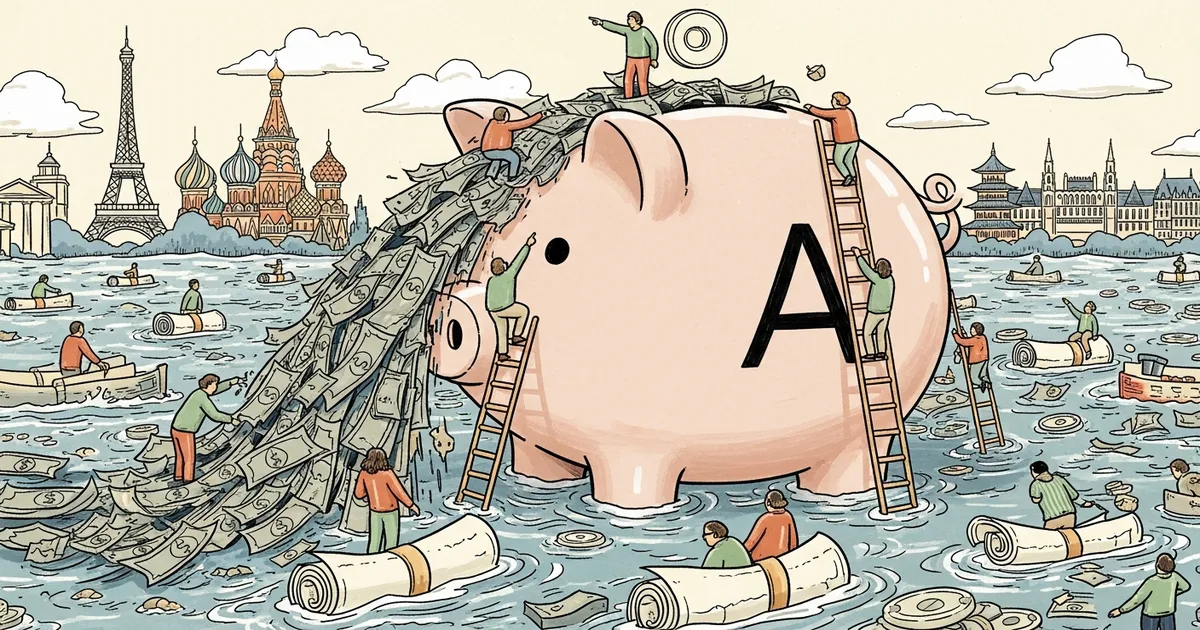 Editorial illustration for: Alphabet Looks Overseas as AI Bond Binge Floods U.S. Debt Markets, Bloomberg Reports