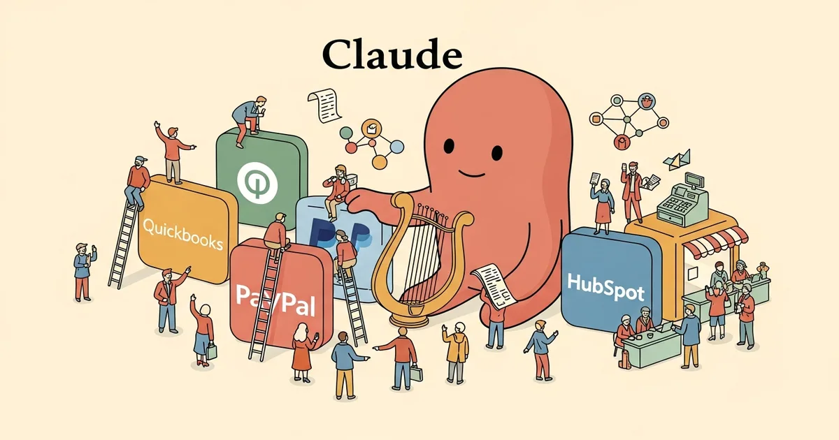 Editorial illustration for: Anthropic Launches Claude for Small Business with 15 Workflows Across QuickBooks, PayPal, HubSpot