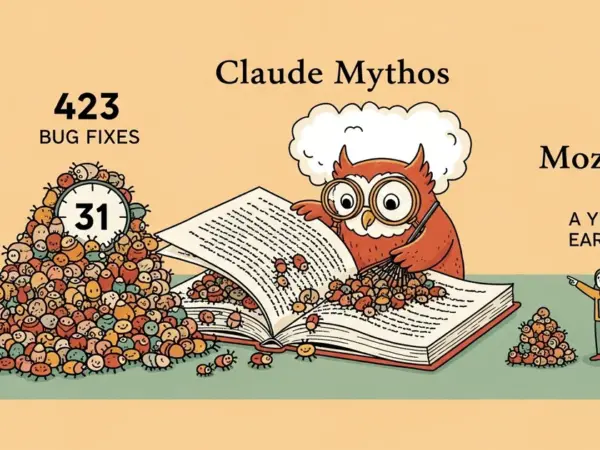 Editorial illustration for: Anthropic's Claude Mythos Found 423 Firefox Bug Fixes in April vs 31 a Year Earlier, Mozilla Repo