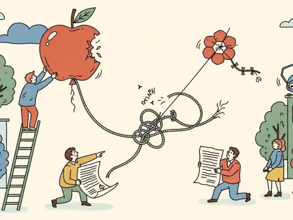 Editorial illustration for: Apple-OpenAI Partnership Frays, Bloomberg Reports Possible Legal Fight Ahead