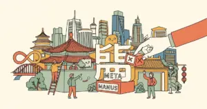 Editorial illustration for: Beijing Blocks Meta's $2 Billion Acquisition of Chinese AI Startup Manus, Bloomberg Reports