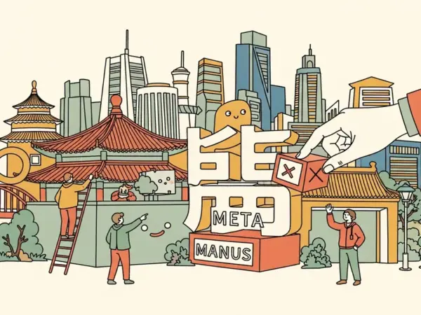 Editorial illustration for: Beijing Blocks Meta's $2 Billion Acquisition of Chinese AI Startup Manus, Bloomberg Reports