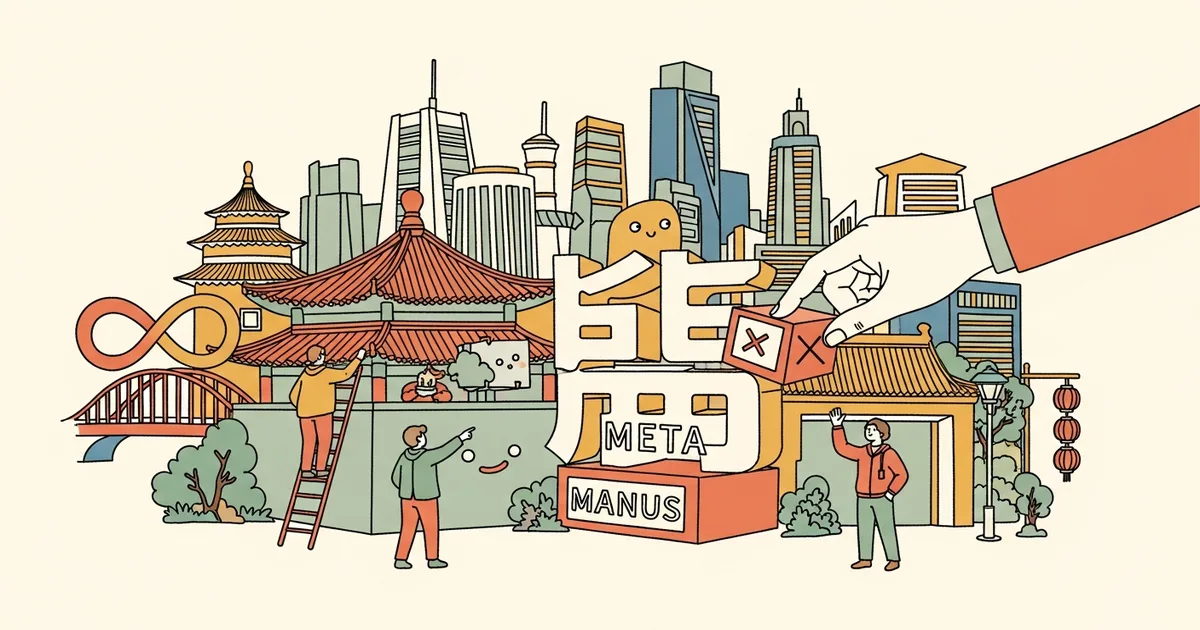 Editorial illustration for: Beijing Blocks Meta's $2 Billion Acquisition of Chinese AI Startup Manus, Bloomberg Reports