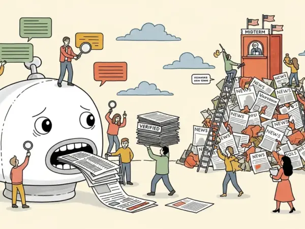 Editorial illustration for: Chatbots Struggle With News Accuracy and Sourcing Ahead of U.S. Midterms, Bloomberg Reports