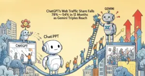 Editorial illustration for: ChatGPT's Web Traffic Share Falls 78%→54% in 12 Months as Gemini Triples Reach