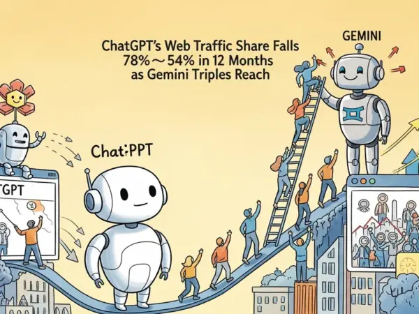 Editorial illustration for: ChatGPT's Web Traffic Share Falls 78%→54% in 12 Months as Gemini Triples Reach