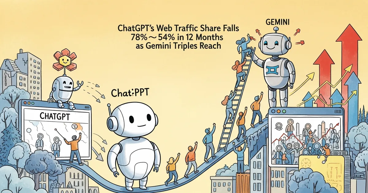 Editorial illustration for: ChatGPT's Web Traffic Share Falls 78%→54% in 12 Months as Gemini Triples Reach