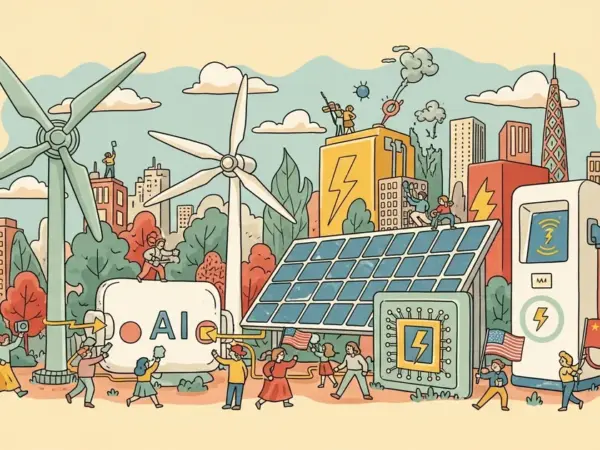 Editorial illustration for: Paulson and Burns Say China's Energy Boom Could Decide the US-China AI Race