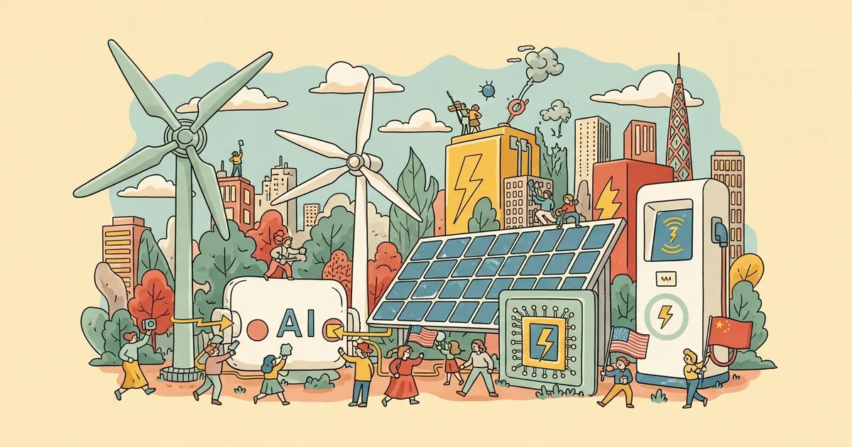 Editorial illustration for: Paulson and Burns Say China's Energy Boom Could Decide the US-China AI Race