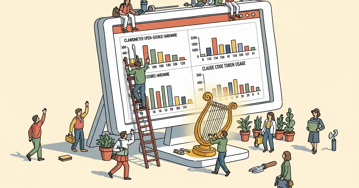 Editorial illustration for: Clawdmeter Open-Source Hardware Surfaces Claude Code Token Usage on a Desktop Display