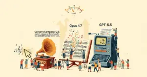 Editorial illustration for: Cursor's Composer 2.5 Matches Opus 4.7 and GPT-5.5 on Benchmarks at a Fraction of the Cost