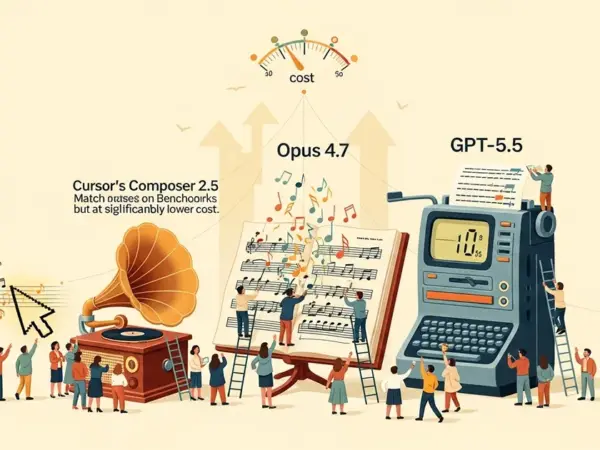 Editorial illustration for: Cursor's Composer 2.5 Matches Opus 4.7 and GPT-5.5 on Benchmarks at a Fraction of the Cost