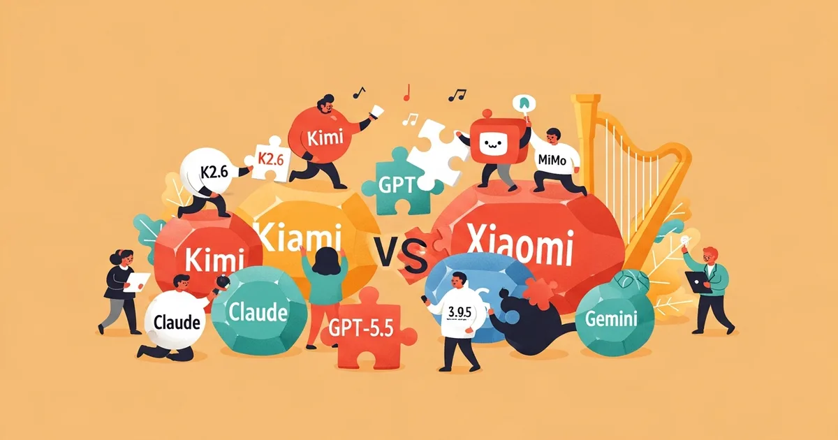 Editorial illustration for: Kimi K2.6 and Xiaomi MiMo Beat Claude, GPT-5.5, Gemini in Word Gem Puzzle Coding Tournament