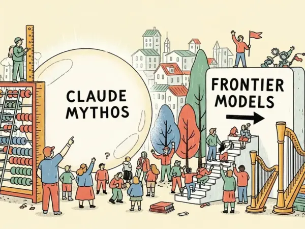 Editorial illustration for: METR Says It Can Barely Measure Claude Mythos; Palo Alto Calls Frontier Models 'Step-Change'