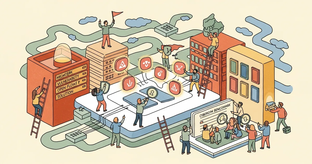 Editorial illustration for: Microsoft's MDASH Uses 100+ AI Agents to Find Windows Vulnerabilities, Tops CyberGym Benchmark