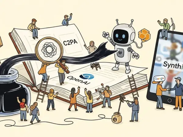 Editorial illustration for: OpenAI Joins C2PA Conformance, Adds Cross-Platform SynthID Watermarking via Google Partnership
