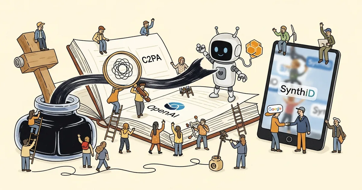 Editorial illustration for: OpenAI Joins C2PA Conformance, Adds Cross-Platform SynthID Watermarking via Google Partnership