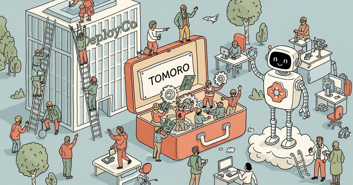 Editorial illustration for: OpenAI Launches DeployCo, Acquires Tomoro to Embed Engineers in Enterprise Rollouts