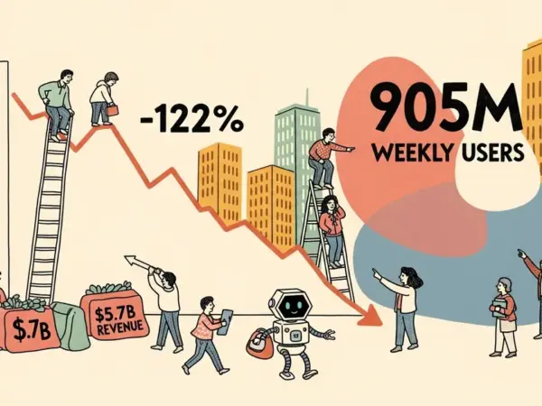 Editorial illustration for: OpenAI Q1 2026: −122% Adjusted Operating Margin on $5.7B Revenue, 905M Weekly ChatGPT Users
