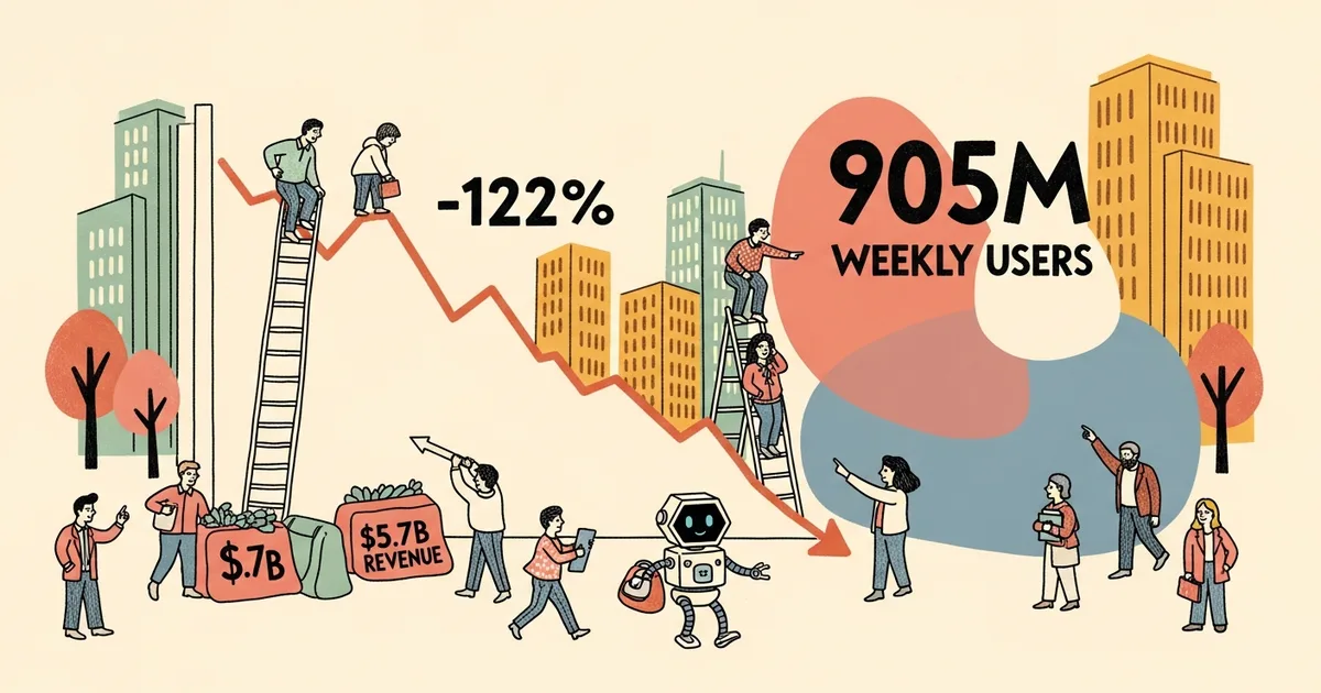 Editorial illustration for: OpenAI Q1 2026: −122% Adjusted Operating Margin on $5.7B Revenue, 905M Weekly ChatGPT Users