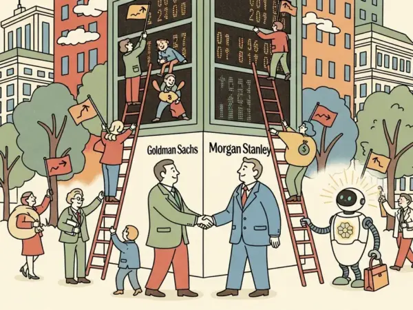Editorial illustration for: OpenAI Targets September IPO with Goldman Sachs and Morgan Stanley as Lead Bankers