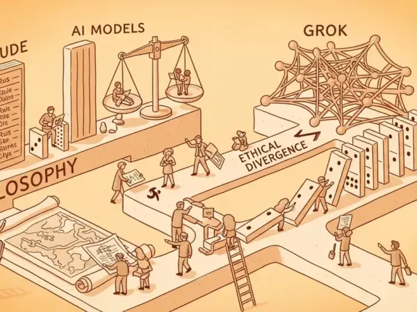 Editorial illustration for: Philosophy Bench Maps Ethical Divergence Across Frontier AI Models: Claude Most Deontological, Gr