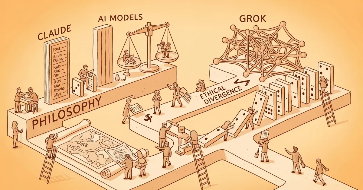 Editorial illustration for: Philosophy Bench Maps Ethical Divergence Across Frontier AI Models: Claude Most Deontological, Gr