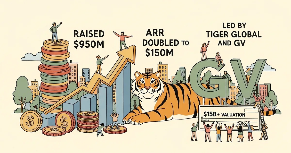 Editorial illustration for: Sierra Raises $950M Led by Tiger Global and GV at $15B+ Valuation; ARR Doubled to $150M Since Nov