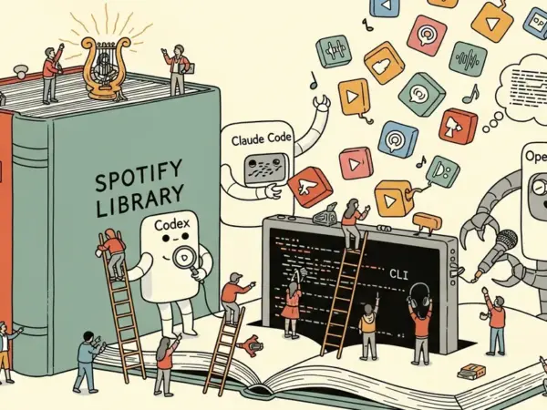 Editorial illustration for: Spotify Opens Library to AI-Generated Personal Podcasts via CLI Tool With Codex, Claude Code, and