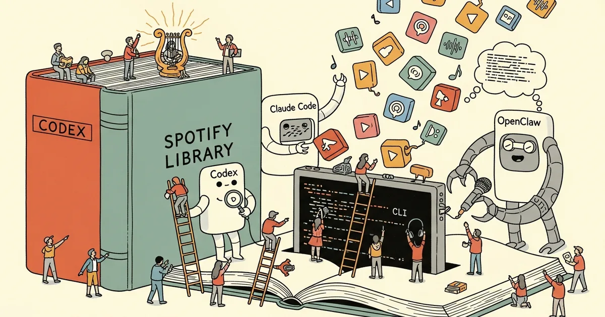 Editorial illustration for: Spotify Opens Library to AI-Generated Personal Podcasts via CLI Tool With Codex, Claude Code, and