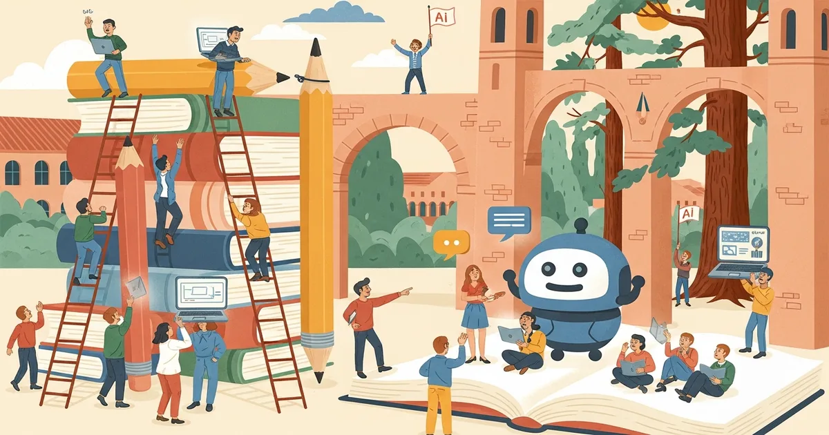 Editorial illustration for: Stanford's First ChatGPT Class Reflects on a Campus Culture of 'Just a Little Bit of Fraud'