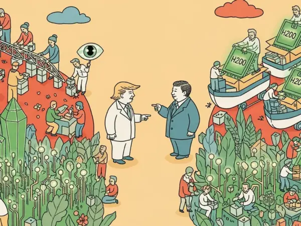 Editorial illustration for: Trump Says He Discussed AI Guardrails and NVIDIA H200 Chip Sales With Xi at Beijing Summit