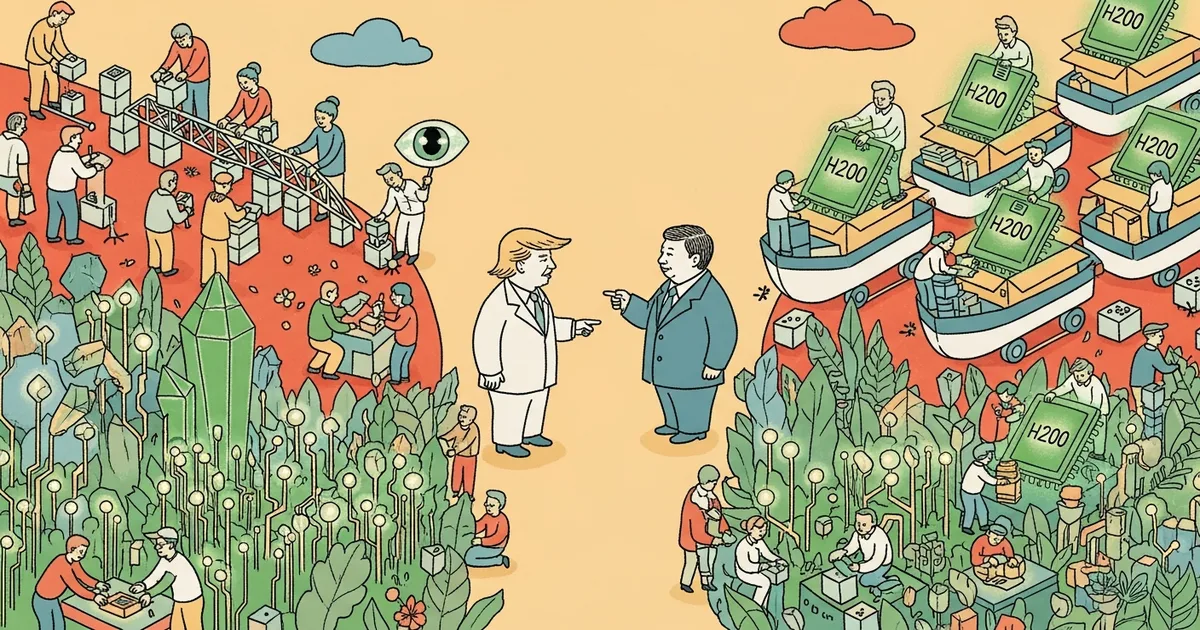 Editorial illustration for: Trump Says He Discussed AI Guardrails and NVIDIA H200 Chip Sales With Xi at Beijing Summit