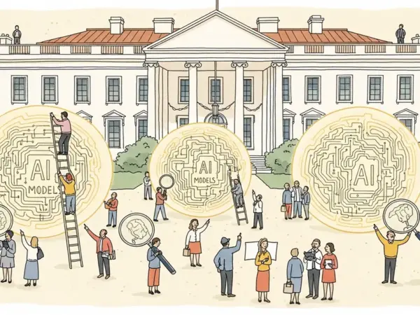 Editorial illustration for: White House Considering Federal Pre-Release Review of New AI Models, NYT Reports