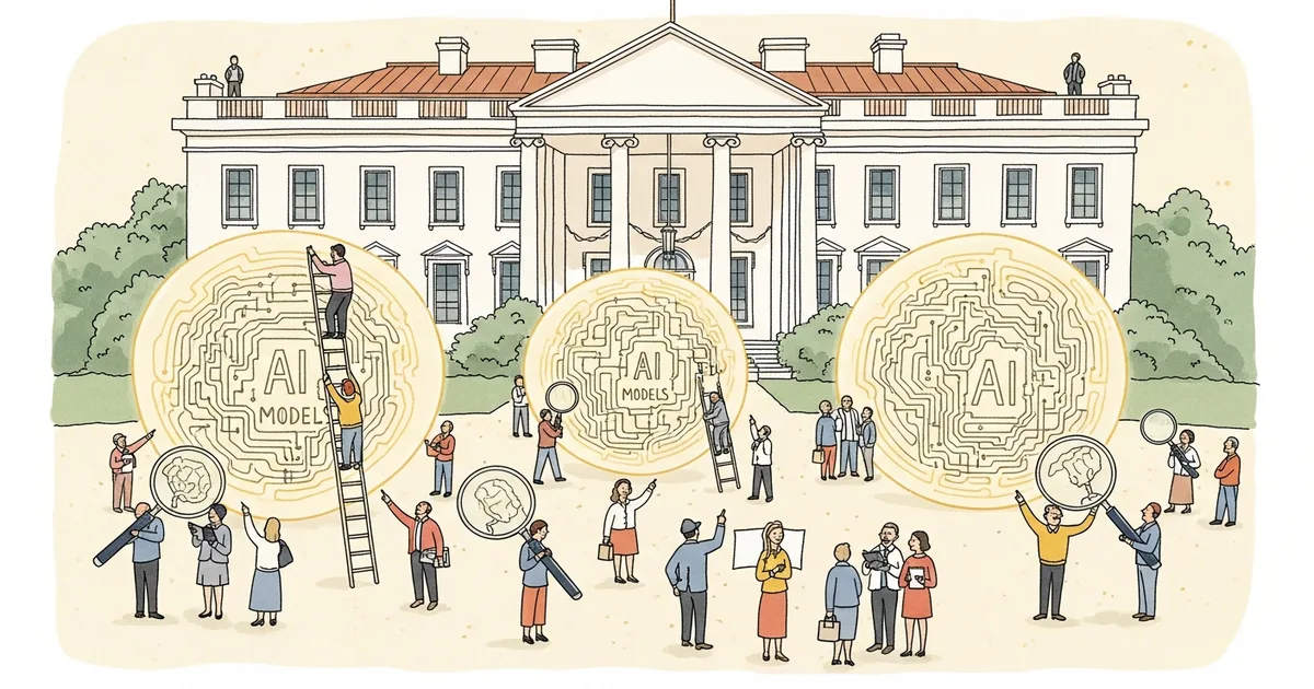 Editorial illustration for: White House Considering Federal Pre-Release Review of New AI Models, NYT Reports