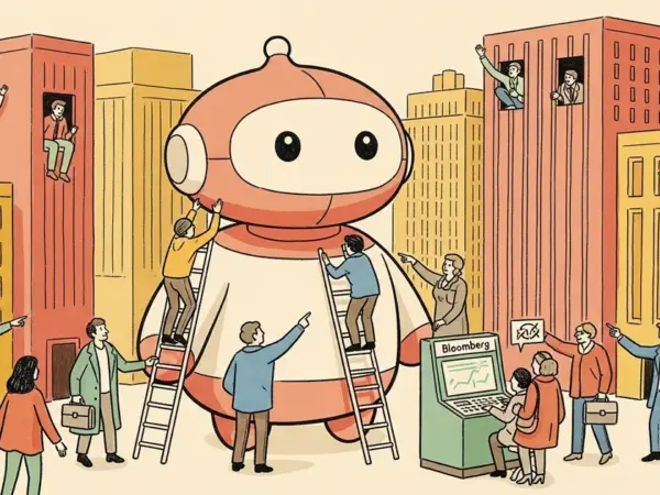 Editorial illustration for: Musk's xAI Races to Get Wall Street Firms to Adopt Grok, Bloomberg Reports
