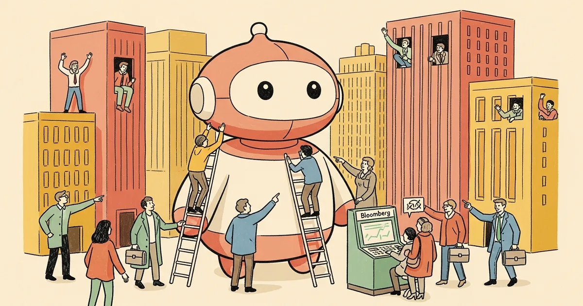 Editorial illustration for: Musk's xAI Races to Get Wall Street Firms to Adopt Grok, Bloomberg Reports
